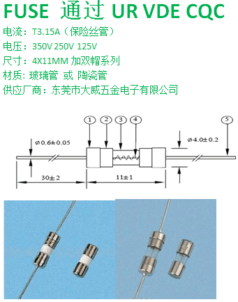 3.6X10MM玻璃管双帽保险丝T3.15A125V慢断